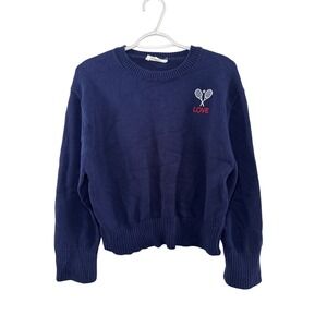 BRIT.NY Navy Cotton Sweater Pickleball‎ Love Embroidery Womens Large Preppy